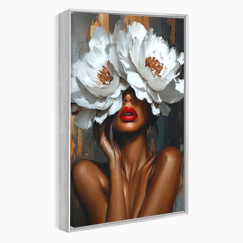 Tablou canvas cu tablou canvas cu portret de femeie, in rama de aluminiu argintiu